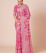 Pink woven design muga saree with blouse piece