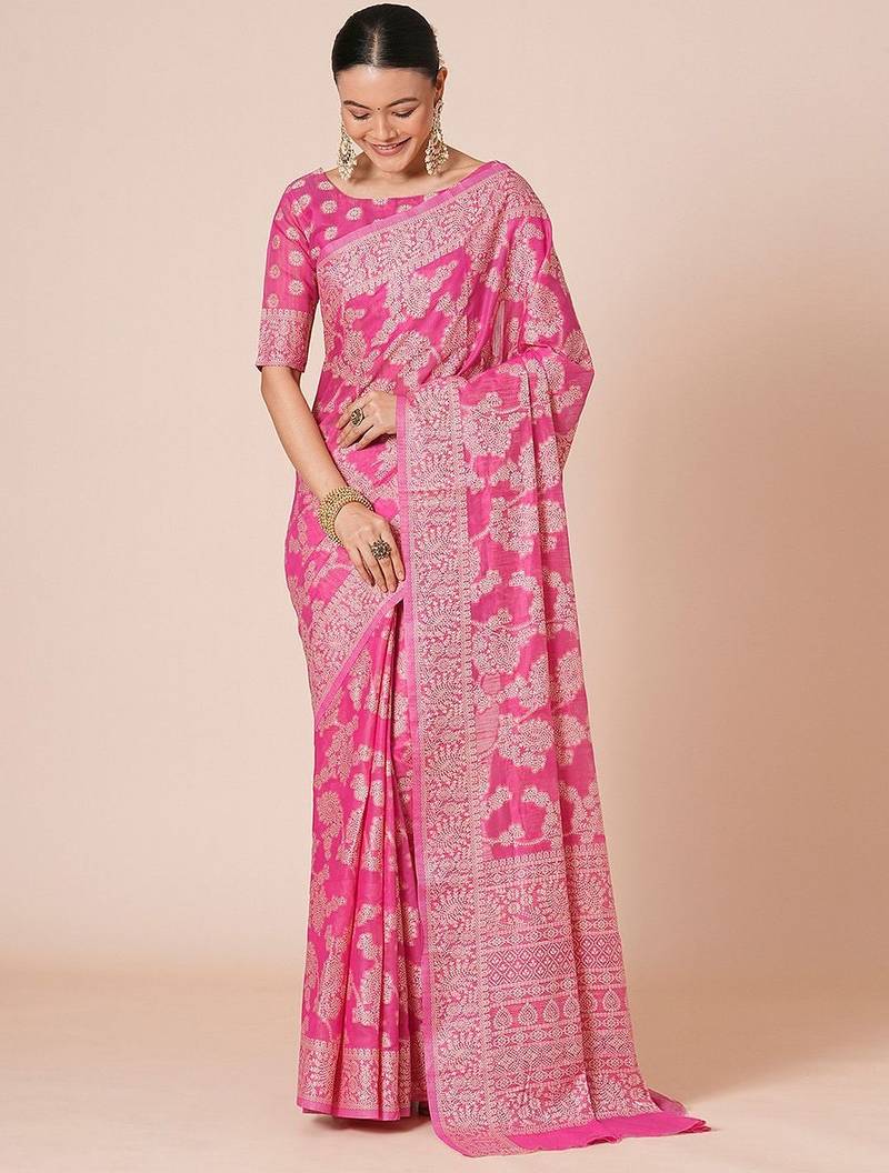 Pink woven design muga saree with blouse piece