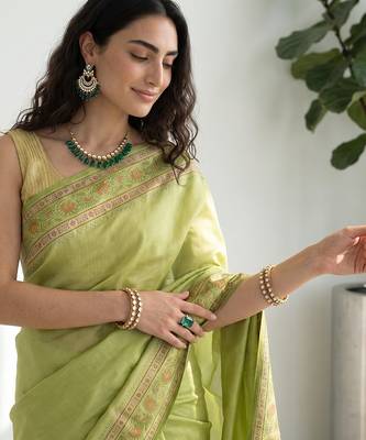 Pista green silk blend woven saree with blouse 2