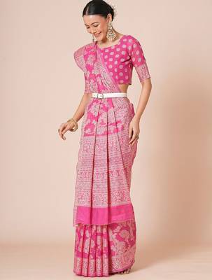 Pink woven design muga saree with blouse piece 2