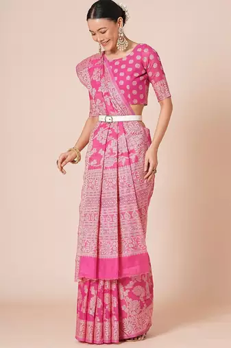 Pink woven design muga saree with blouse piece