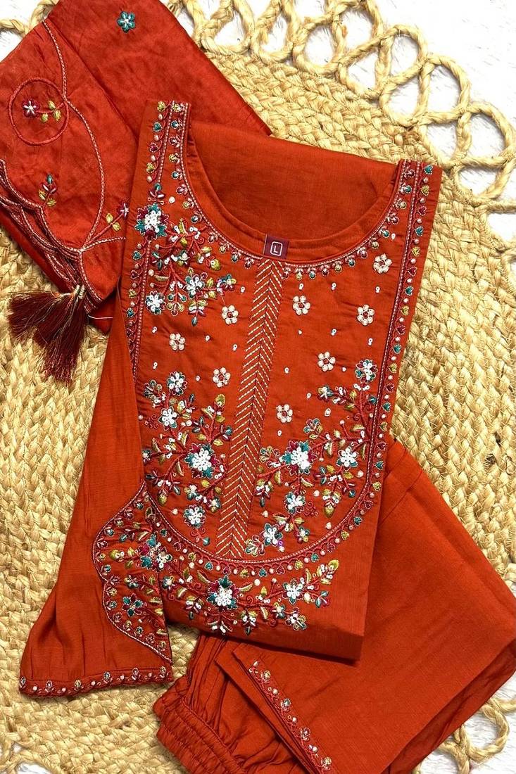 Embroidered silk kurta with pant & dupatta set for women