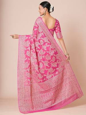 Pink woven design muga saree with blouse piece 3