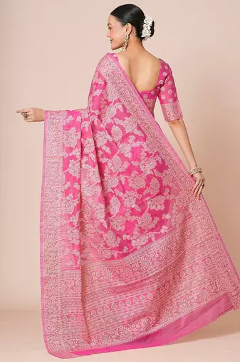 Pink woven design muga saree with blouse piece