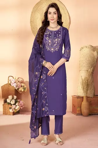 Embroidered silk kurta with pant & dupatta set for women
