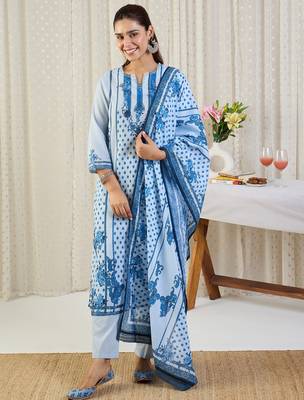 Blue printed pure cotton kurta trouser dupatta set 4