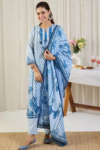 Blue printed pure cotton kurta trouser dupatta set