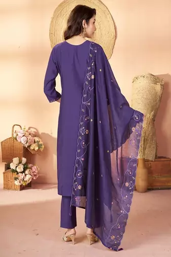 Embroidered silk kurta with pant & dupatta set for women