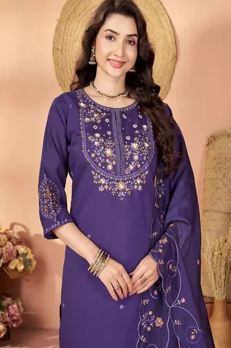 Embroidered silk kurta with pant & dupatta set for women