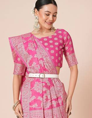 Pink woven design muga saree with blouse piece 4