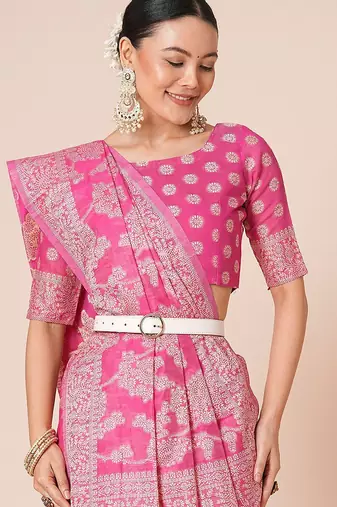 Pink woven design muga saree with blouse piece
