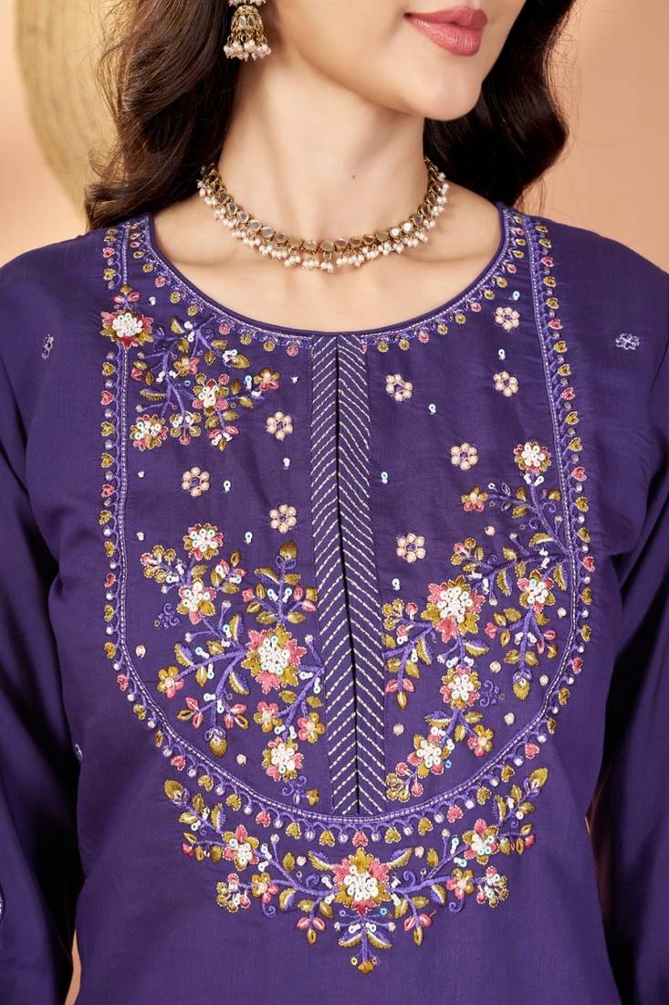 Embroidered silk kurta with pant & dupatta set for women