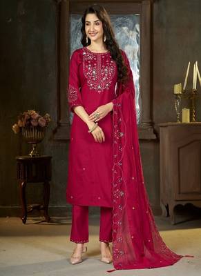 Embroidered silk kurta with pant & dupatta set for women 1