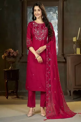 Embroidered silk kurta with pant & dupatta set for women