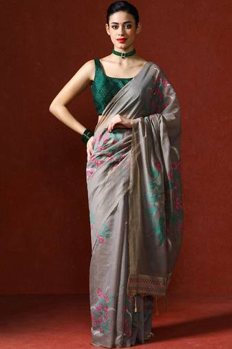 Grey woven design chanderi sarees with blouse piece