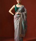 Grey woven design chanderi sarees with blouse piece