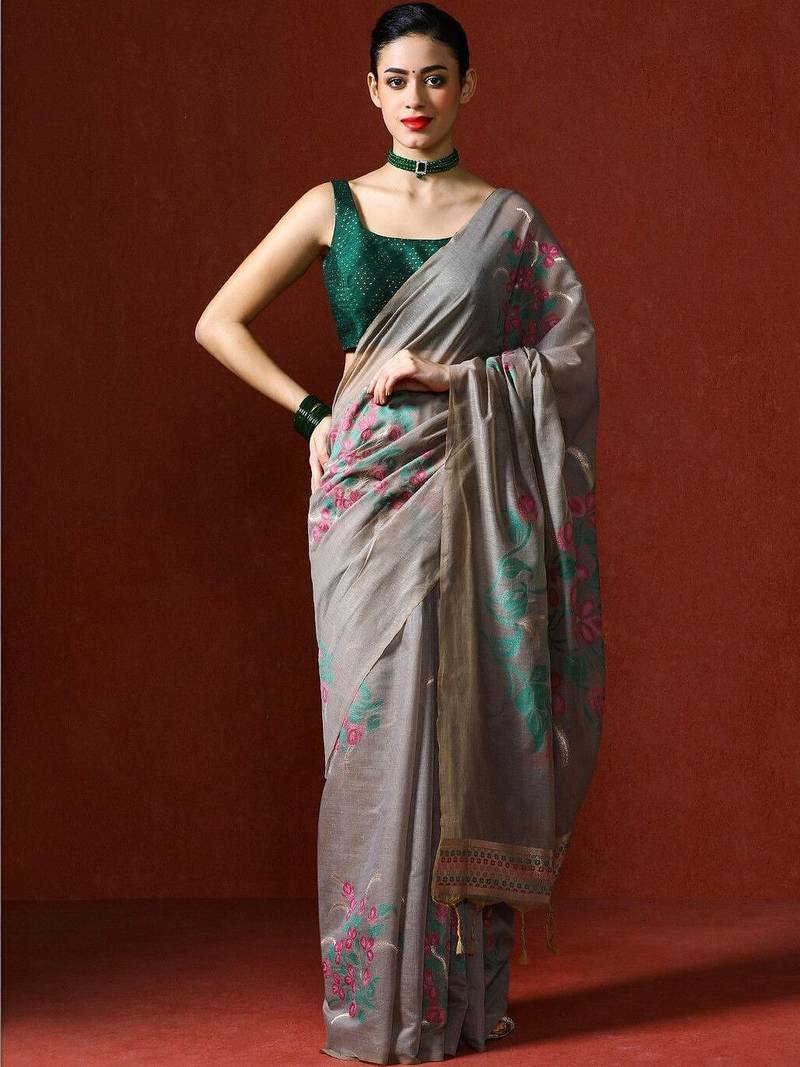 Grey woven design chanderi sarees with blouse piece