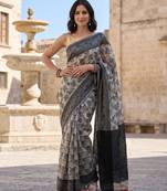 Black blended cotton woven saree with blouse