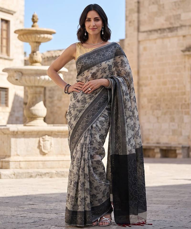 Black blended cotton woven saree with blouse