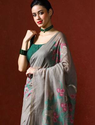 Grey woven design chanderi sarees with blouse piece 2
