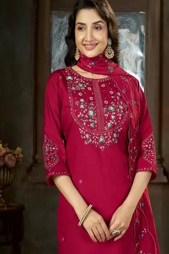 Embroidered silk kurta with pant & dupatta set for women