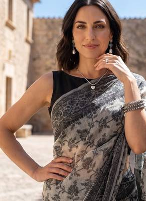 Black blended cotton woven saree with blouse 2