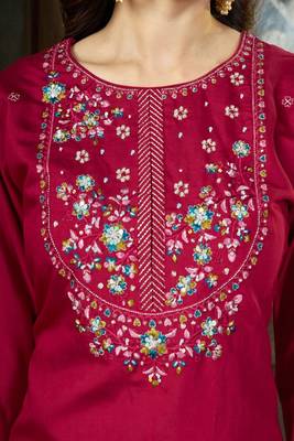 Embroidered silk kurta with pant & dupatta set for women 4
