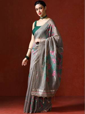 Grey woven design chanderi sarees with blouse piece 3