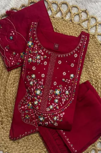 Embroidered silk kurta with pant & dupatta set for women