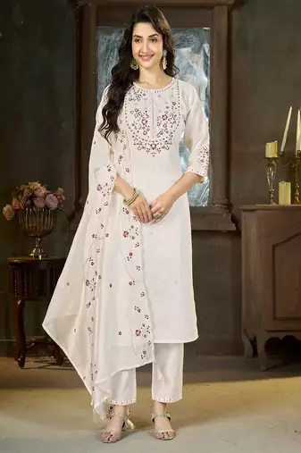 Embroidered silk kurta with pant & dupatta set for women