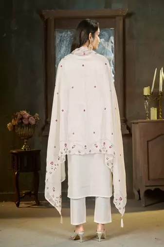 Embroidered silk kurta with pant & dupatta set for women