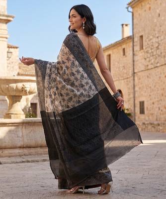 Black blended cotton woven saree with blouse 4