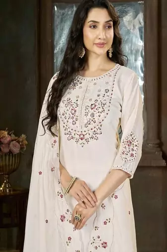 Embroidered silk kurta with pant & dupatta set for women