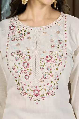 Embroidered silk kurta with pant & dupatta set for women