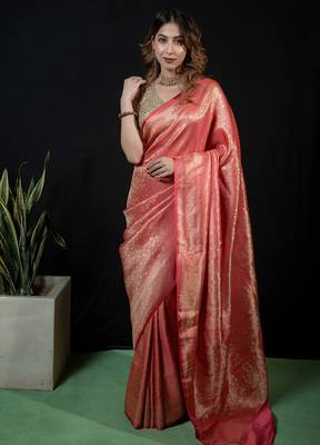 Pink satin woven saree with blouse 1