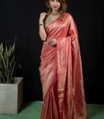 Pink satin woven saree with blouse