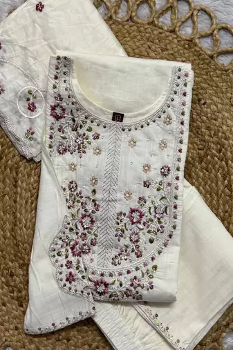 Embroidered silk kurta with pant & dupatta set for women