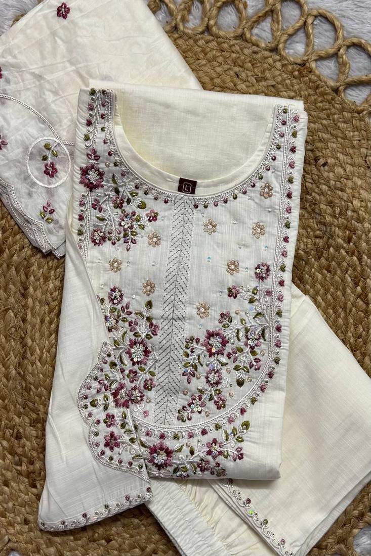 Embroidered silk kurta with pant & dupatta set for women