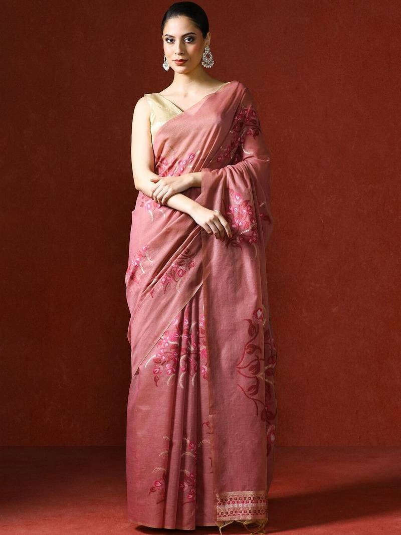 Pink woven design chanderi sarees with blouse piece