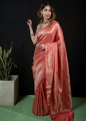 Pink satin woven saree with blouse 2