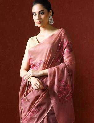 Pink woven design chanderi sarees with blouse piece 2