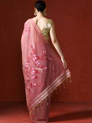 Pink woven design chanderi sarees with blouse piece 4