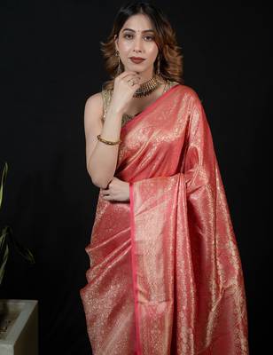 Pink satin woven saree with blouse 4