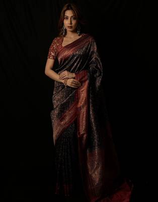 Black satin woven saree with blouse 1