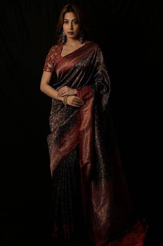 Black satin woven saree with blouse