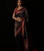 Black satin woven saree with blouse
