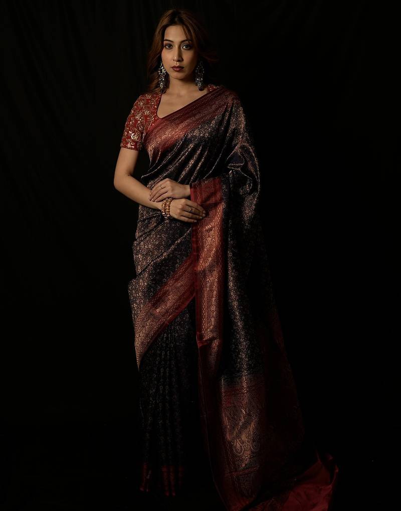 Black satin woven saree with blouse
