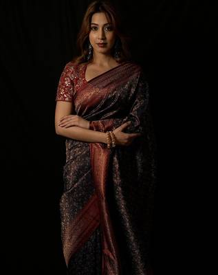Black satin woven saree with blouse 2