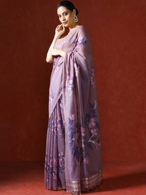 Purple woven design chanderi sarees with blouse piece 3