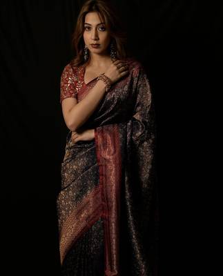 Black satin woven saree with blouse 3